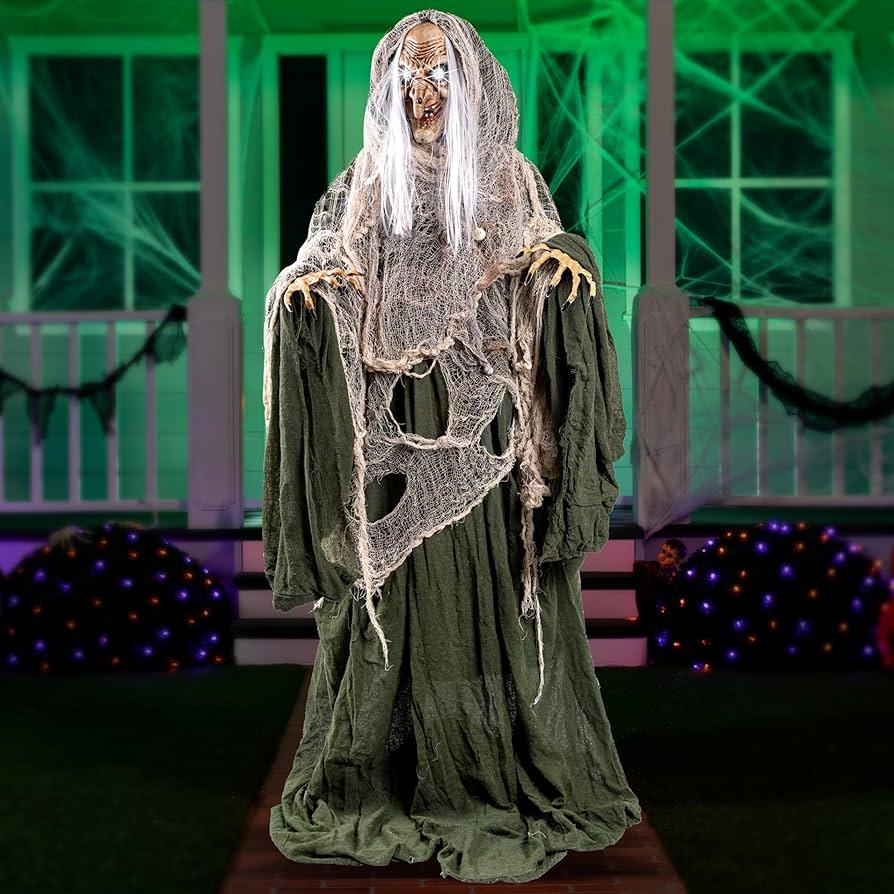 JOYIN 65" Halloween Animatronics Witch Decorations Outdoor with LED Eyes and Creepy Sound, Scary Life Size Animated Decor for Haunted House Lawn Yard