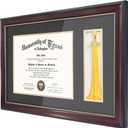 GraduationMall 11x17 Mahogany Diploma Frame with Tassel Holder for 8.5x11 Certificate Document,Real Glass, Black over Gold Mat