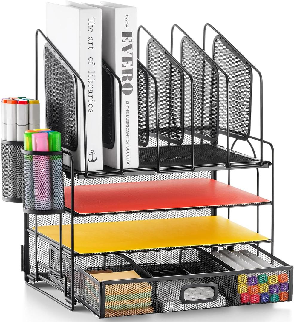 Marbrasse Desk Organizer with Drawer, 4-Tier Mesh File Organizer with 5 Vertical File Holders and 2 Pen Holders, Multifunction Desktop Organizer,Desk Organizers and Accessories for Home Office (Black)