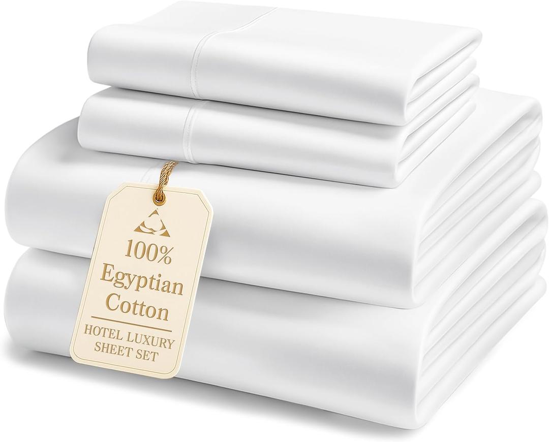 LANE LINEN 100% Egyptian Cotton King Sheets Set  4 Piece Sateen Weave Bed Sheets, Ultra Soft, 16" Deep Pocket, Luxury King Size Sheet Set  White