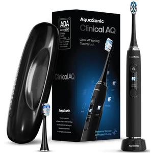 Aquasonic Clinical AQ Ultra-Whitening Smart Toothbrush with Pressure Sensor, LCD Screen & Battery Level Indicator - 2 Brush Heads & Hard Sell Travel Case