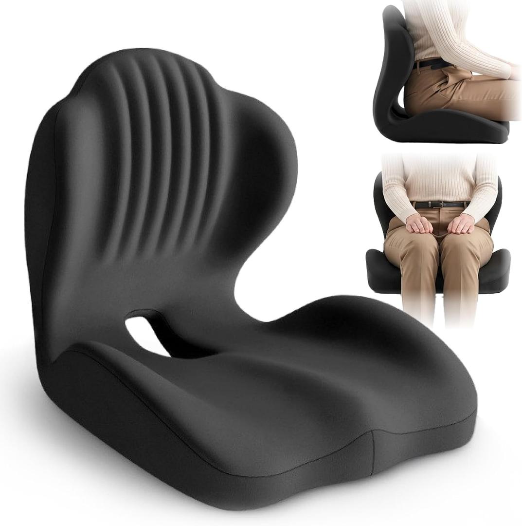 Ergonomic Seat Cushion, Office Chair Seat Cushions with L-Shaped Design, Memory Foam Orthopedic Cushion with Coccyx Hollow, Lumbar Support & Tailbone Pain Relief for Car, Truck, Gaming Chair (Black)