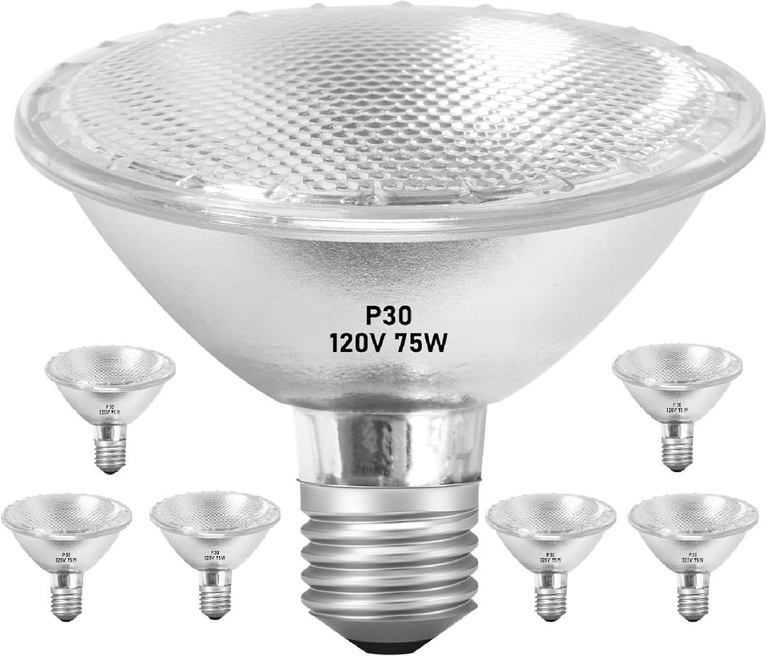 Par30 75W Short Neck Halogen Flood Light Bulbs 120V, 75W Dimmable Short Indoor Flood Light Bulbs E26, 6Pcs Par30 Halogen Light Bulbs 2700K for 5-6in Recessed/Ceiling Can/Accent/Tracking Lights
