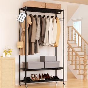 Himix 3 Tier Heavy Duty Clothes Rack, 80.7" H x 47" W x 17.7" D Black Rolling Garment Clothing Racks with Adjustment Wire Shelving, Wheels, Double Rods and Side Hooks, Metal Wardrobe Rack Freestanding