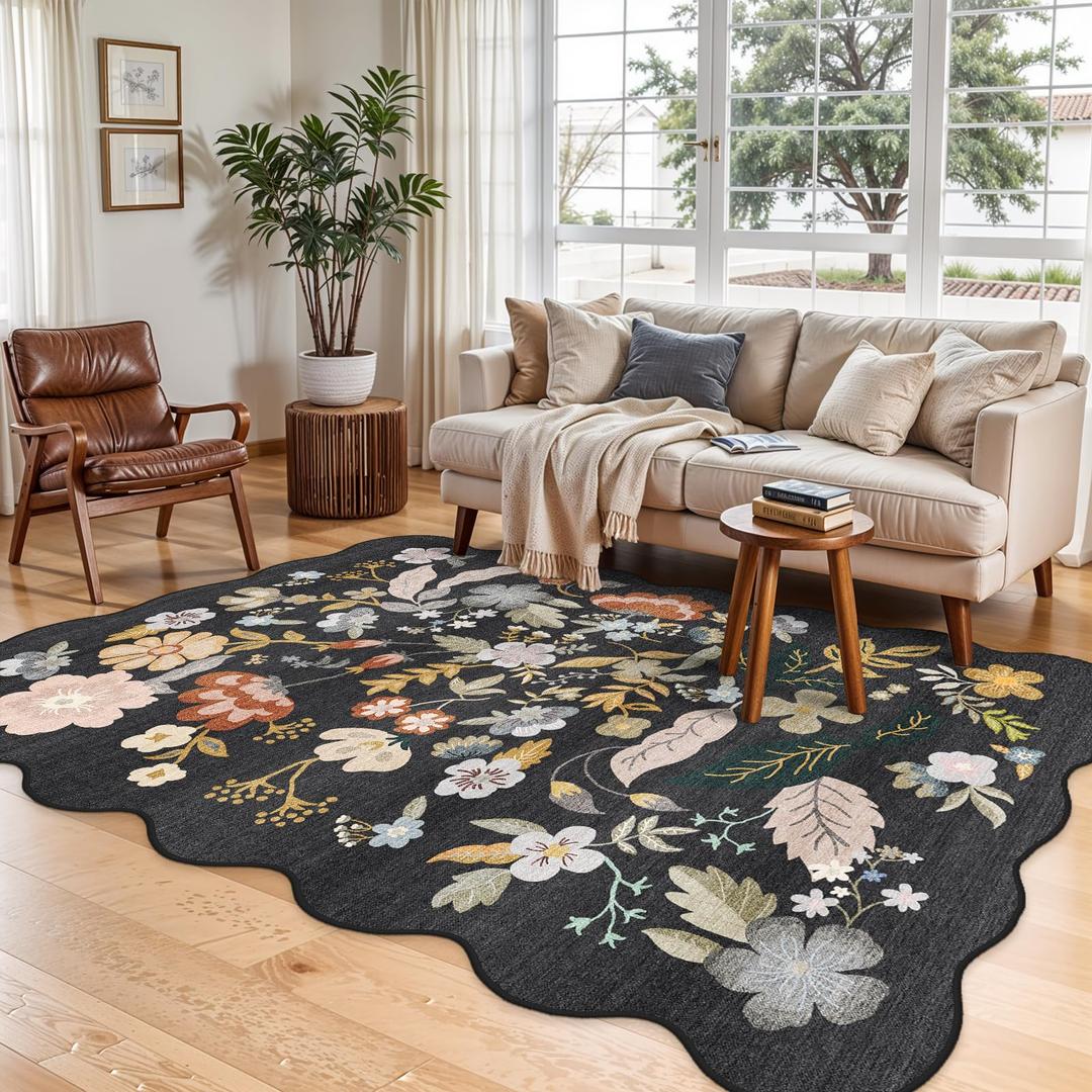 Scalloped Area Rugs 5x7: Non-Slip Washable Living Room Rug Black