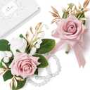 Serwalin Pink Corsage and Boutonniere Set, Prom Corsage and Boutonniere Set of Wedding Flowers Homecoming Accessories Party Suit Decoration