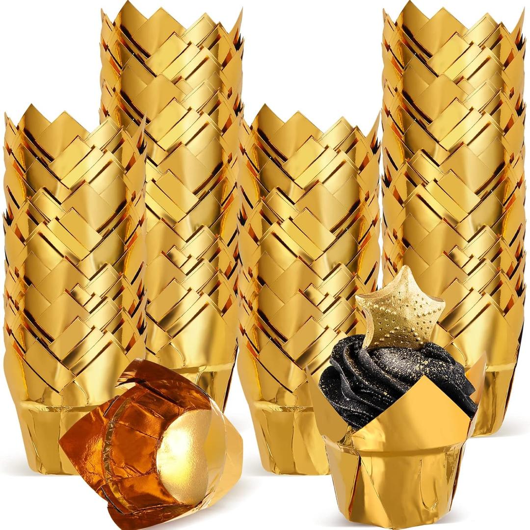 Queekay 160 Pcs Tulip Cupcake Liners for Baking Muffin Aluminum Foil Paper Baking Cups Disposable Cupcake Wrappers Greaseproof Muffin Liners for New Year Wedding Baby Shower Xmas (Gold)