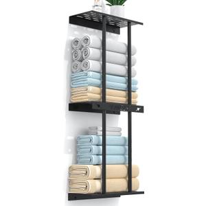 Wall Towel Racks for Bathroom, Wall Mount Towel Rack Towel Storage for Bathroom, Rolled Towel Rack with Shelf for Small Bathrooms, Black