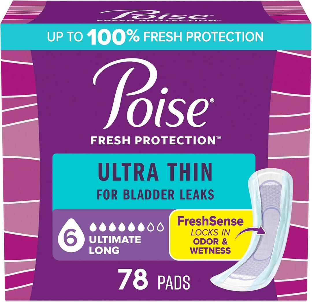 Poise Ultra Thin Incontinence Pads & Postpartum Pads for Bladder Leaks, 6 Drop Ultimate Absorbency, Long Length, 78 Count, Packaging May Vary Poise Ultra Thin Incontinence Pads & Postpartum Pads for Bladder Leaks, 6 Drop Ultimate Absorbency, Long Length, 78 Count, Packaging May Vary