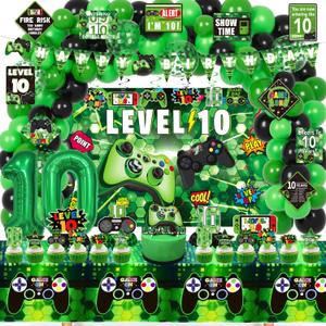 10th Birthday Decorations for Boys, 148Pcs Green Video Game level 10 Party Supplies for Boy 10th Birthday - Backdrop, Banner, Balloons, Tablecloth, Centerpieces, Hanging Swirls, Wall Signs