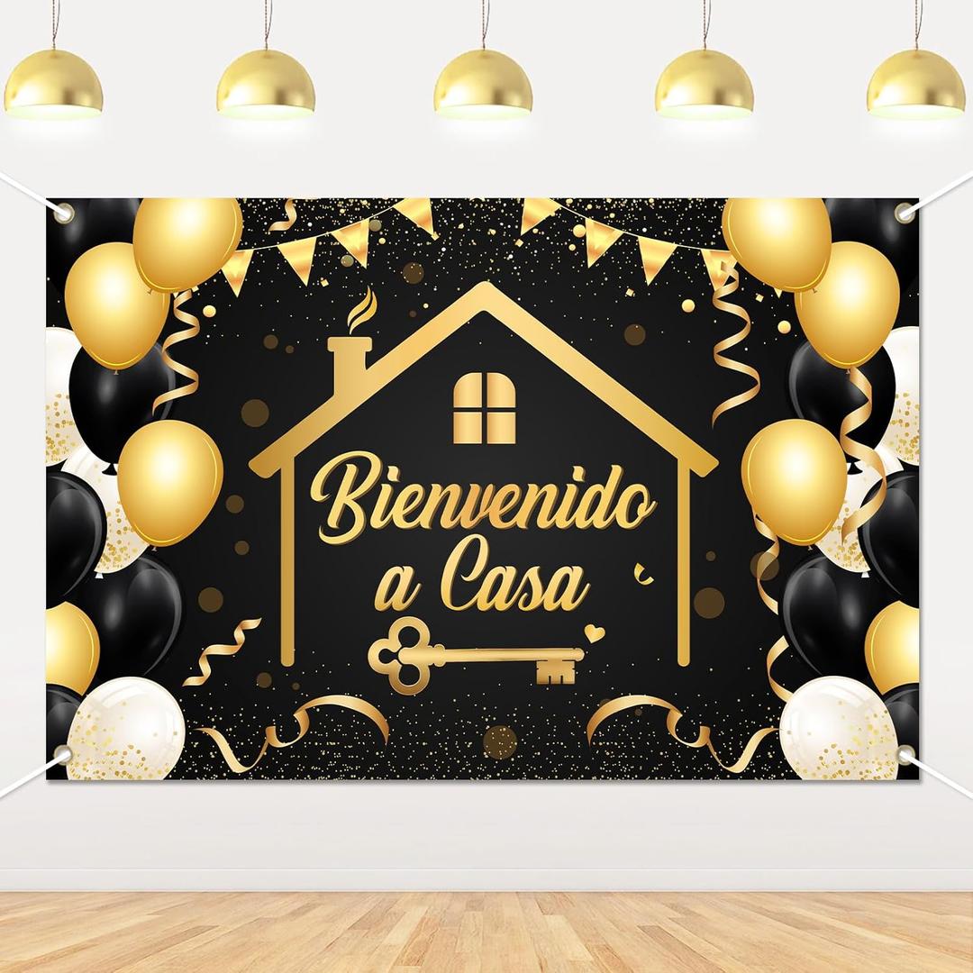 Bienvenido a Casa Backdrop Banner 5x3ft Vinyl Spanish Welcome Home Theme Party Photography Background Black Gold for Homecoming Family Reunion Housewarming Party Supplies