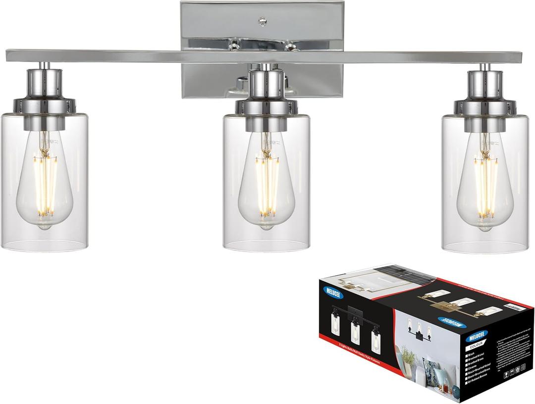 MELUCEE Modern Bathroom Lighting Fixtures Chrome Finish, 3-Light Vanity Lights Contemporary Style Wall Sconce with Clear Glass Shade for Hallway Entryway Kitchen Bedroom (Patent No.: US D963914 S)
