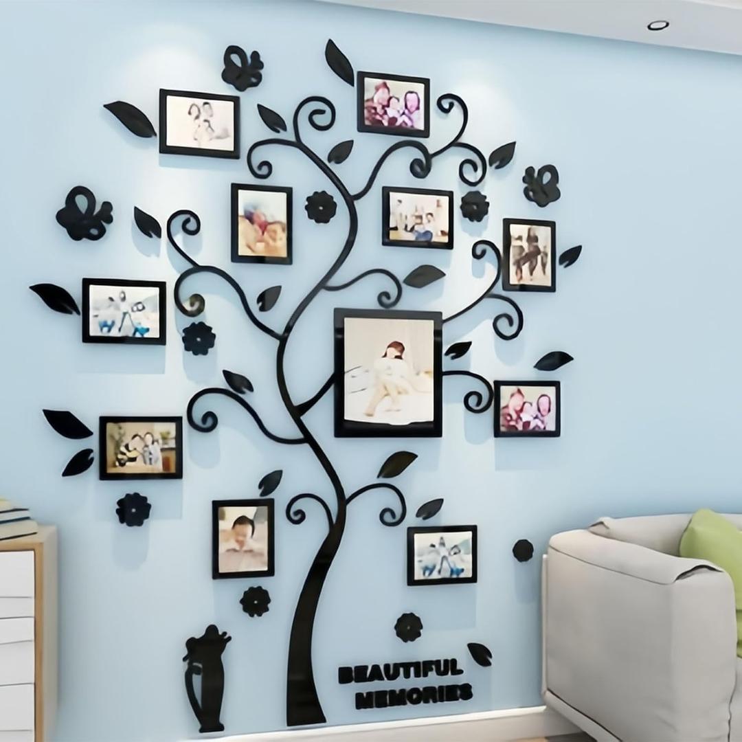 3D cat photo frame tree acrylic three-dimensional wall stickers, punch-free removable vinyl wall stickers, used for living room and bedroom decoration(Black + black leaves)