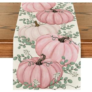 Artoid Mode Pink Pumpkins Eucalyptus Fall Table Runner, Seasonal Autumn Thanksgiving Kitchen Dining Table Decoration for Home Party Decor 13x90 Inch