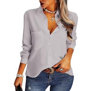 AISEW Womens Button Down Shirts Casual V Neck Long Sleeve Loose Fit Collared Plain Blouses Tops with Pocket,Grey, S