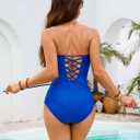 Jolefille One Piece Swimsuit Women Tummy Control Bathing Suit Bandeau Strapless Swim Suits Modest Swimwear Ribbed Shapewear (Blue, M)