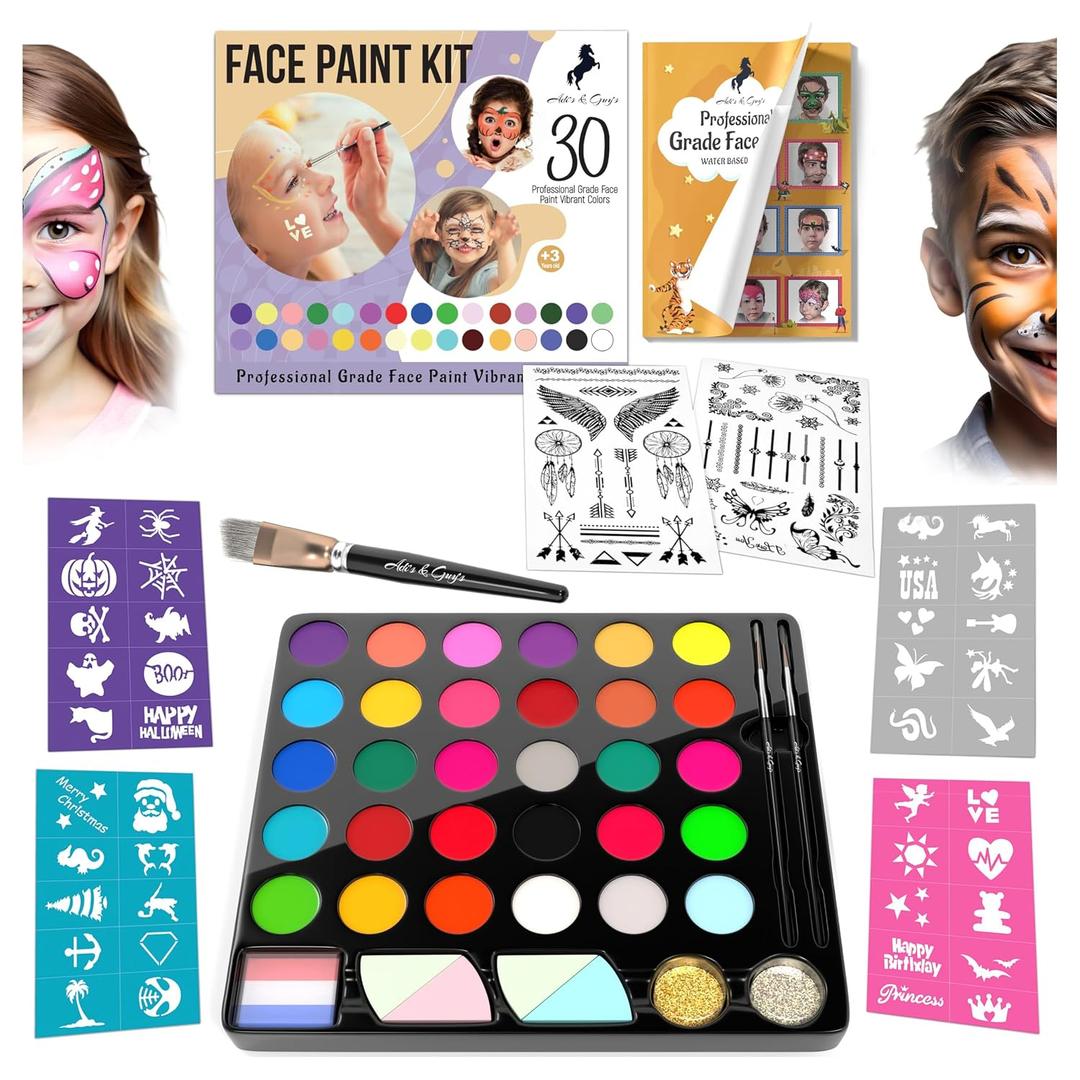 Face Paint Kit for Kids 30 Vibrant Washable Colors, Non-Toxic & Stain-Free, Paints 60+ Faces, Includes Glitter, Brushes & Stencils Perfect for Birthdays, Halloween & Parties