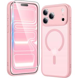 FNTCASE for iPhone 17 Pro-Max Case: Matte Magnetic Phone Cases with Screen Protector Compatible with Magsafe Slim Anti Yellowing Rugged Shockproof Protective Translucent Cell Phone Cover (C-Pink)