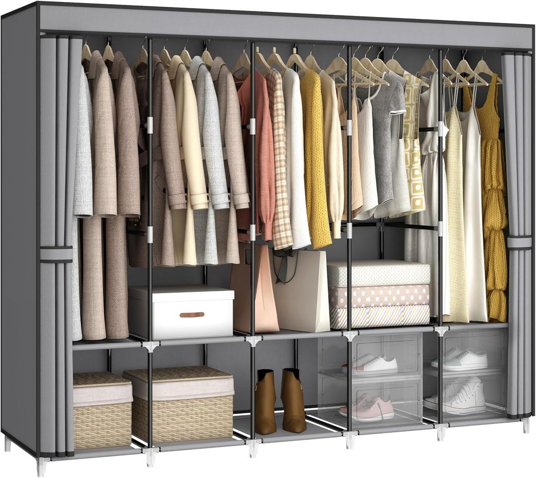 MOGELAFOO 83 Inch Wide Portable Closet Wardrobe, Clothes Storage Rack Organizer with Cover, 5 Clothes Hanging Rods and 10 Storage Shelves, Grey