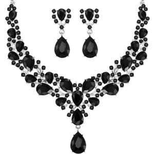 Hicarer Bridal Teardrop Cluster Crystal Jewelry Set for Women Necklace Earrings Wedding