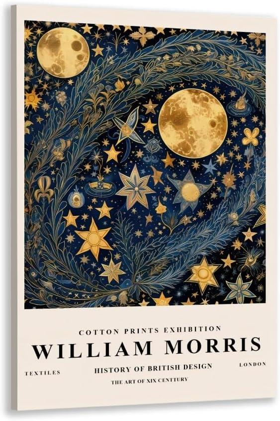 William Morris Wall Art Poster - Vintage Exhibition Print for Living Room Bedroom - Moon & Stars Textiles Art Canvas - 16x24inch Framed (16L" x 24W", style-8-Framed)