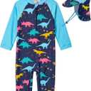 WeVSwe Toddler Rash Guard Boy Long Sleeve UPF 50+ UV Protection Baby Boy Bathing Suit Swimsuit & Hat Infant Blue Dinosaur 18-24 Months