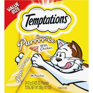 Temptations Creamy Puree Squeezable Lickable Wet Cat Treats with Chicken, 0.42 oz. Tubes, 24 Count, Best By, 05/12/2026