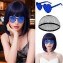 MEEZY Navy Blue Short Bob Wigs Straight Hair with Flat Bangs Heart Sunglasses for Women, Colorful Funny Cosplay Party Neon Wig Synthetic Natural As Real Carnival Halloween Costume