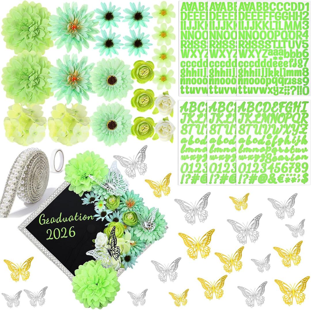 Wavwavw 53 Pcs DIY Graduation Cap Decorations Kit, 2026 Grad Cap Topper Include Faux Flowers 3D Butterfly Self Adhesive Pearl Stickers Glitter Alphabet Letter Decals for Party Decor(Light Green)