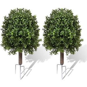 25" Artificial Boxwood Topiary Ball Tree - 2-Pack Realistic Touch Dual-Tone UV-Resistant Outdoor Fake Plant with Triangular Stake & Natural Trunk Texture, Faux Topiary Bush for Garden Porch Decor