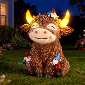 Solar Highland Cow Garden Statue with Funny Gnomes Outdoor Decor,Cow Figurine with LED Lights Yard Art Decoration for Garden,Patio,Lawn-Unique Gift for Mom,Grandma