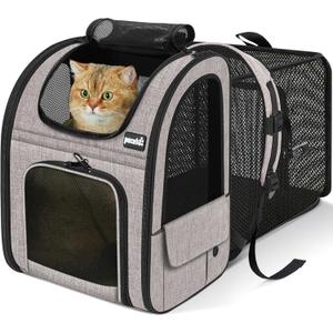Pecute Cat Backpack Carrier Expandable, Pet Backpack for Cats & Small Dogs Up to 11lbs, with 4-Side Breathable Mesh, Multi-Entry & Lockable Zippers for Travel, Hiking, Camping - Hands Free, Khaki