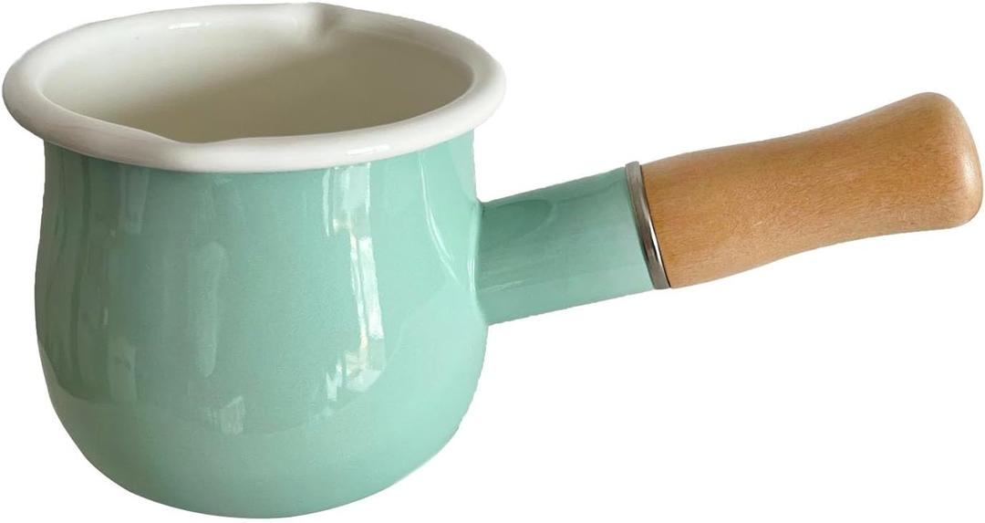 Enamel Milk Pot, Butter Warmer Non-stick Mini Saucepan, 4 Inch 17 Oz Small Cookware with Wooden Handle(Green) (Green)
