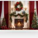 Kate 10×6.5ft (3×2m) Christmas Tree Photo Backdrop Christmas Fireplace Xmas Tree Christmas Wreath Decoration Red Curtains Photography Background for Christmas Photographer Studio Props