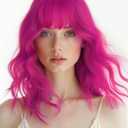 Wavy Wig and Sunglasses Set - 15 Inch Wavy Wig With Bangs - Heat Resistant Shoulder Length Curly Bob Wigs for Women - Bachelorette Party Costume Cosplay (Rose+Purple)