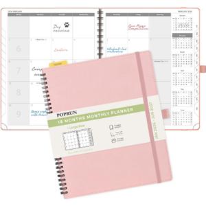 POPRUN Monthly Planner 2026-2027 (Large 8.5" x 10.5") 18 Months Calendar (Jan 2026 - Jun 2027) - 4 Pages per Month with Expense & Notes, Stair-like tabs, Leather Cover, Sunday Starts - Pink