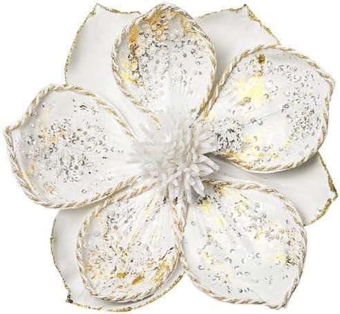 Briful 12’’ Large Heads Christmas Glitter Magnolia Flowers Christmas Tree Ornaments Set of 4 Artificial Flowers with Picks Stems for Xmas Tree Holiday Decorations,White