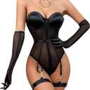 SHENHE Women's Strapless Bodysuit Lingerie Mesh Corset Sleeveless Sheer Garter Lingerie with Choker (Large, Black)