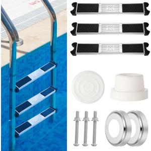 3 Pack Stainless Steel Swimming Pool Ladder Steps with Pool Ladder Bumpers & Pool Ladder Escutcheon Plates, 18'' Heavy Duty Replacement Pool Ladders for Inground Swimming Pools