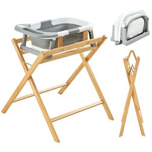FUNLIO Wooden Baby Bathtub Stand, Foldable Baby Bath Stand for 0-24 Months, Safe & Sturdy with 8-Point Support, Durable Infant Tub with Waterproof Coating, 110lbs Capacity