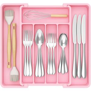 Lifewit Silverware Drawer Organizer, Expandable Utensil Tray for Kitchen, BPA Free Flatware and Cutlery Holder, Adjustable Plastic Storage for Spoons Forks Knives, 8.5"-14.1" x 12.1", Pink