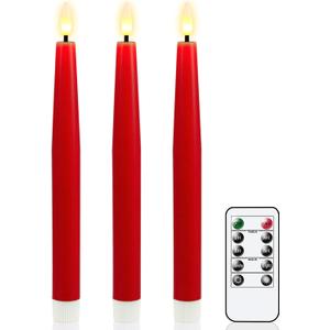 GenSwin Flameless Taper Candles, Set of 3 Red LED Taper Candles Battery Operated with Remote Timer, Real Wax Flameless Candlesticks with 3D Flame for Home Wedding Party Holiday Decor (0.78 x 9.65)