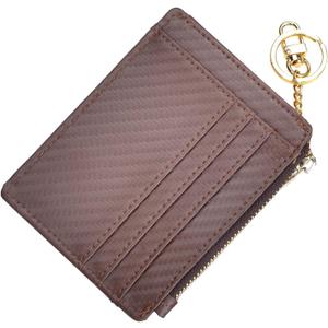 woogwin Slim RFID Credit Card Holder for Women Mini Front Pocket Wallet Purse With Keychain (Carbon Fiber Leather Coffee)