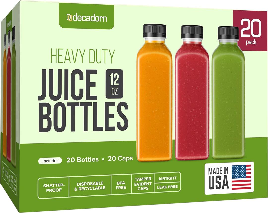 DECADORN 12oz 20pcs Juice Bottles With Caps - MADE IN USA Juice Containers With Lids For Fridge - Juicer Bottles With Tamper Evident Caps, Shatterproof, BPA-Free, Leak proof, Disposable & Recyclable