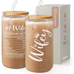SANDJEST Wife Glass Can, Wifey Cup with Lid & Straw, Iced Coffee Aesthetic Cups, Idea Gift for Christmas Marriage Birthday Anniversary Valentine, Gifts for Women, 16oz