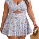 B2prity Women's Plus Size Swimsuit Tummy Control One Piece Swimdress Ruffle V Neck Cutout Wrap Bathing Suit with Skirt (XX-Large, Orange Floral Printed)