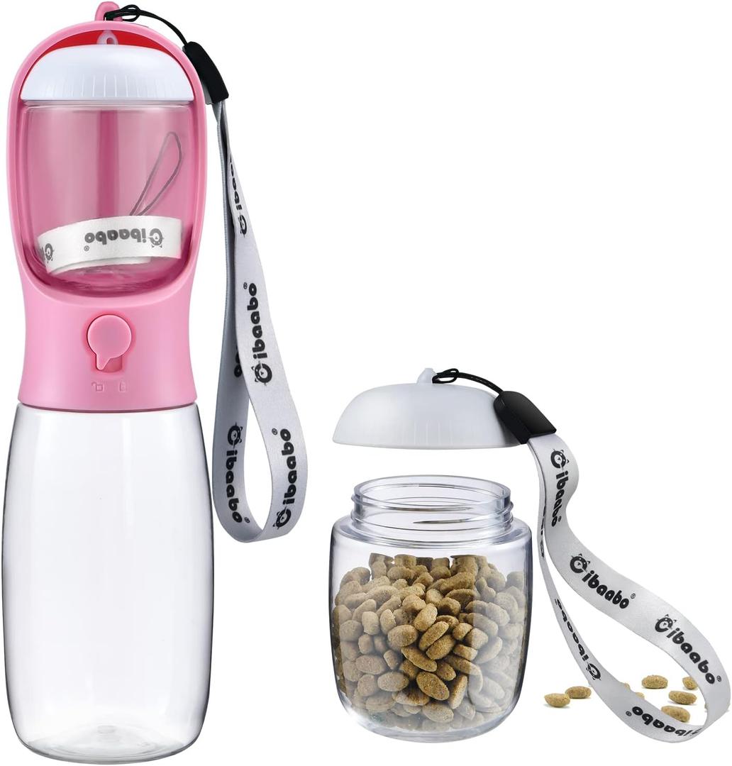 Dog Water Bottle with Food Container, Travel Puppy Water Bowl, Portable Pet Dispenser, Dog Stuff Accessories Items, Puppy Essentials Necessities for Yorkie Chihuahua Cat Walking and Hiking (19oz, #04 Pink)