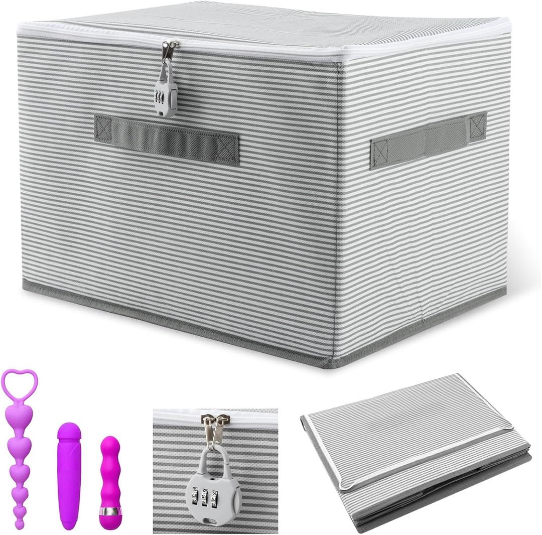 Discreet Lockable Adult Toy Bag Storage Organizer, 15 x 10 x 10Inches Clothes Storage Bin Container with Zipper Lid Toy Storage Organizer for Women and Men (Gray Stripes)