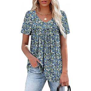 WEESO Womens T Shirts Short Sleeve Pleated Dressy Casual V Neck Summer Tops Blouses Floral Blue 3XL