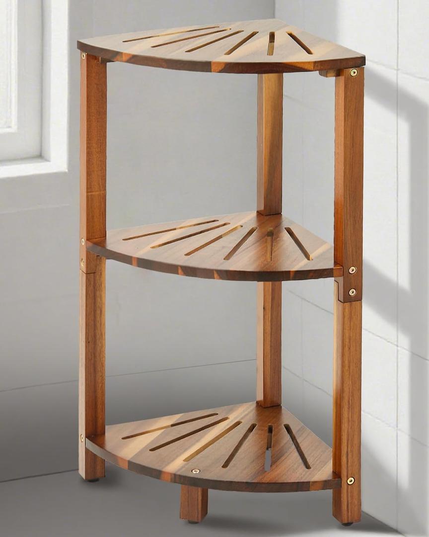 IBosins Corner Shower Caddy Standing 3-Tier Bathroom Shower Stool Shelf for Inside Shower Natural Acacia Wood Organizer & Storage for Bedroom Living Room Kitchen